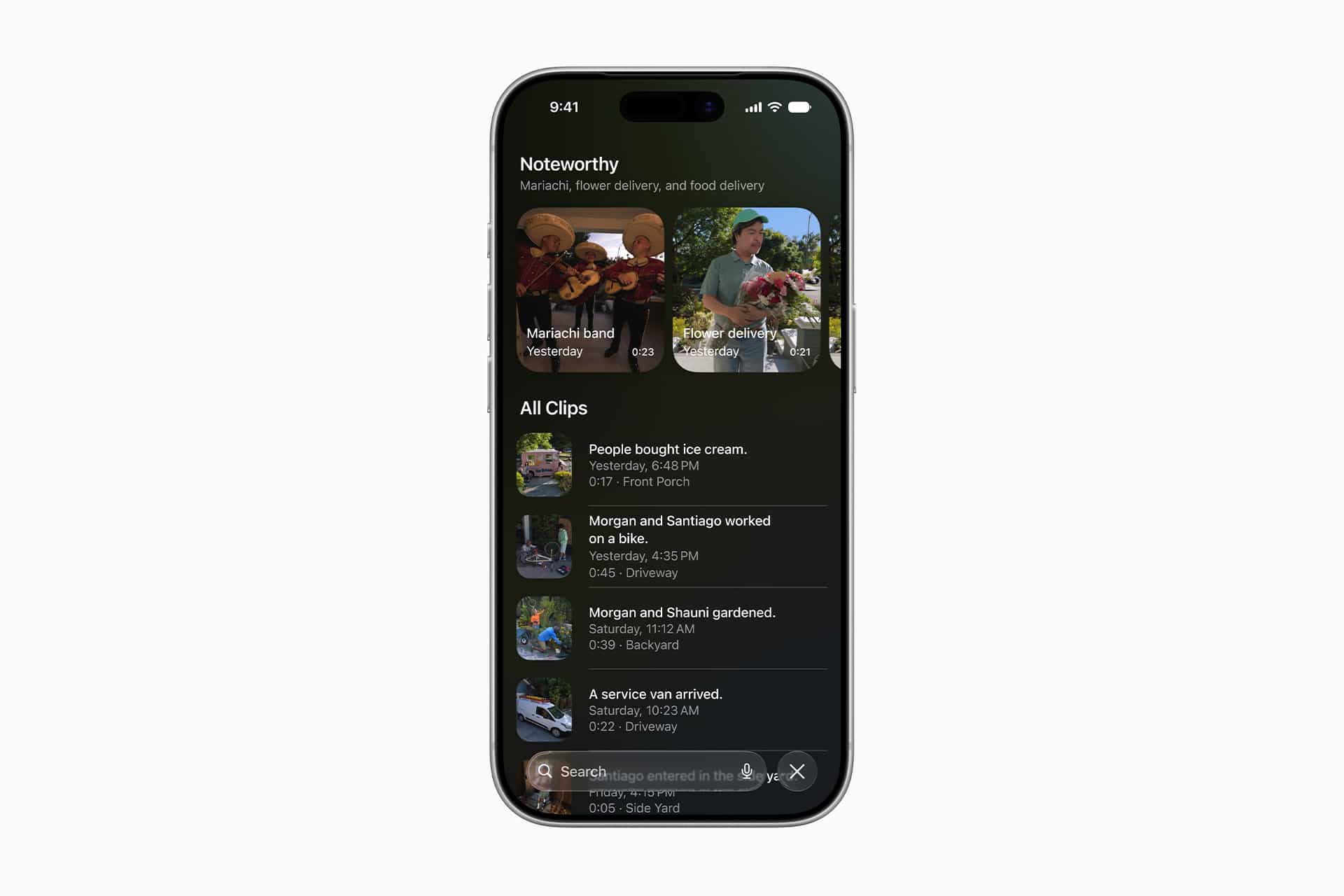 Apple Intelligence - A smartphone screen displays an app with a "Noteworthy" section showing photo thumbnails of events and recent activity clips from HomeKit Secure Video, including ice cream purchases and gardening detected by home camera AI.