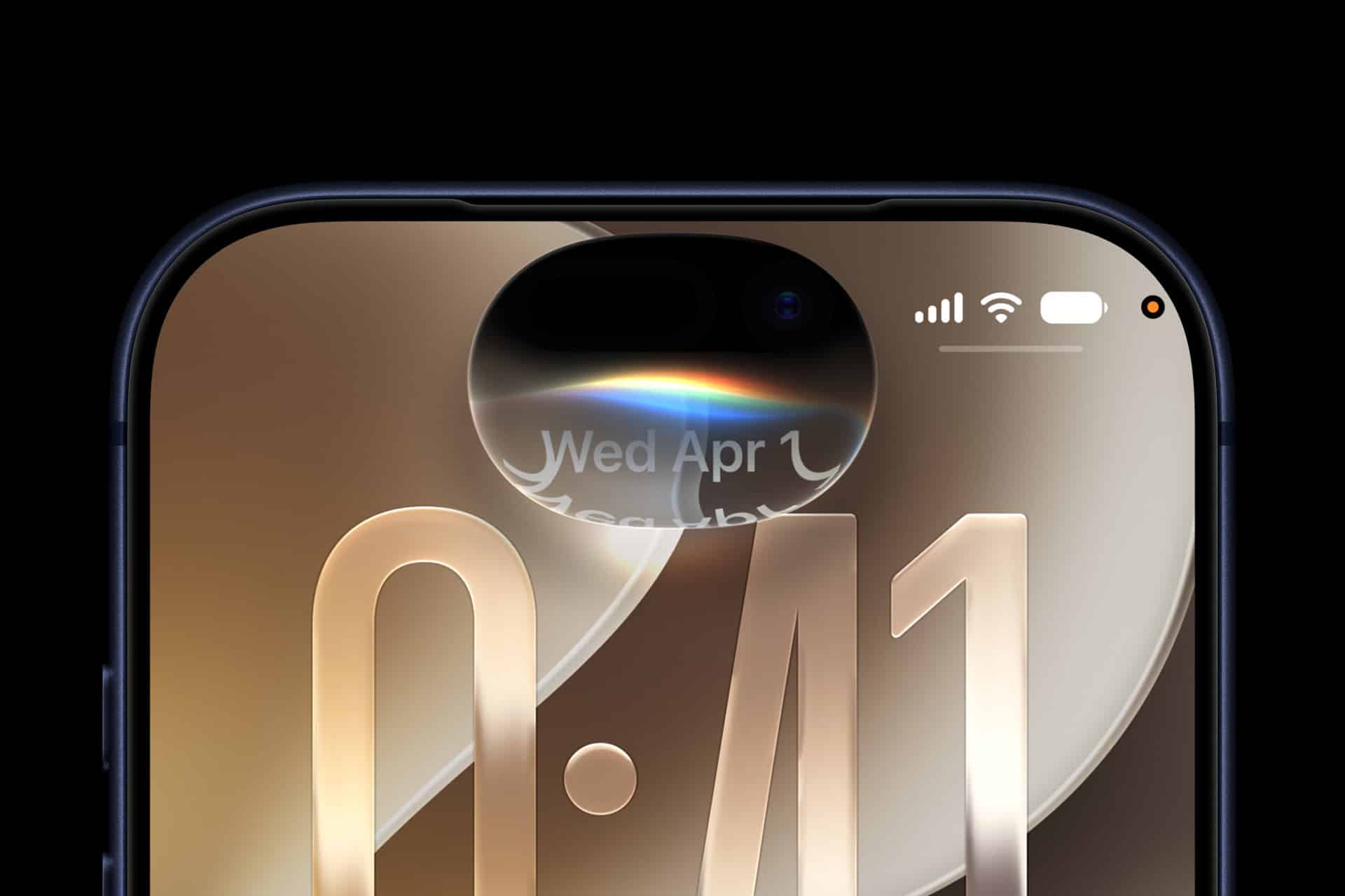 Close-up of a smartphone screen showing the time 0:41, part of the date "Wed Apr 1," signal, Wi-Fi, and battery icons at the top, with a pill-shaped camera cutout—possibly running iOS 27 beta previewed at WWDC26.