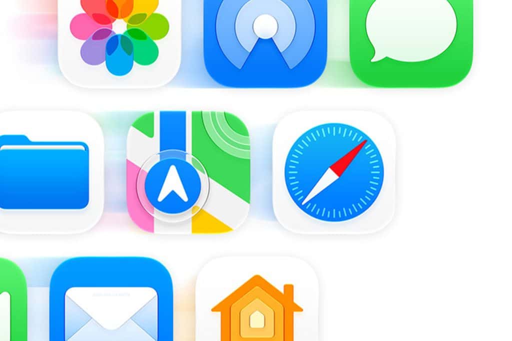 A close-up of various iOS app icons, including Photos, Messages, Maps, Safari, Files, Mail, and Home, highlights the sleek design and iOS 27 performance improvements set to debut at WWDC26 against a white background.
