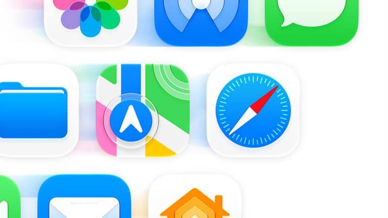A close-up of various iOS app icons, including Photos, Messages, Maps, Safari, Files, Mail, and Home, highlights the sleek design and iOS 27 performance improvements set to debut at WWDC26 against a white background.