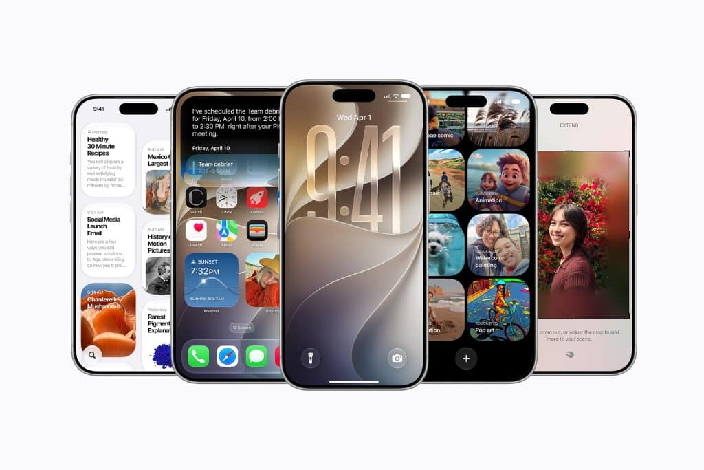 Five smartphones are displayed side by side, each showing different apps and features, including messaging, calendar, photos, and widgets on bright screens. The sleek designs hint at the enhancements seen in iOS 27 unveiled at WWDC26.