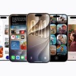Five smartphones are displayed side by side, each showing different apps and features, including messaging, calendar, photos, and widgets on bright screens. The sleek designs hint at the enhancements seen in iOS 27 unveiled at WWDC26.