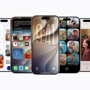 Five smartphones are displayed side by side, each showing different apps and features, including messaging, calendar, photos, and widgets on bright screens. The sleek designs hint at the enhancements seen in iOS 27 unveiled at WWDC26.
