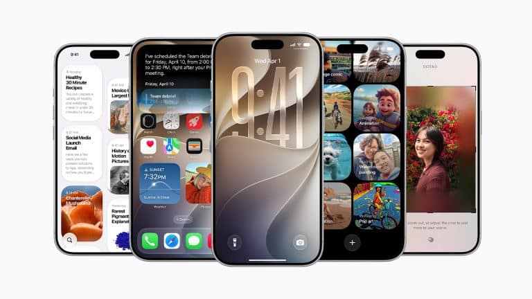 Five smartphones are displayed side by side, each showing different apps and features, including messaging, calendar, photos, and widgets on bright screens. The sleek designs hint at the enhancements seen in iOS 27 unveiled at WWDC26.