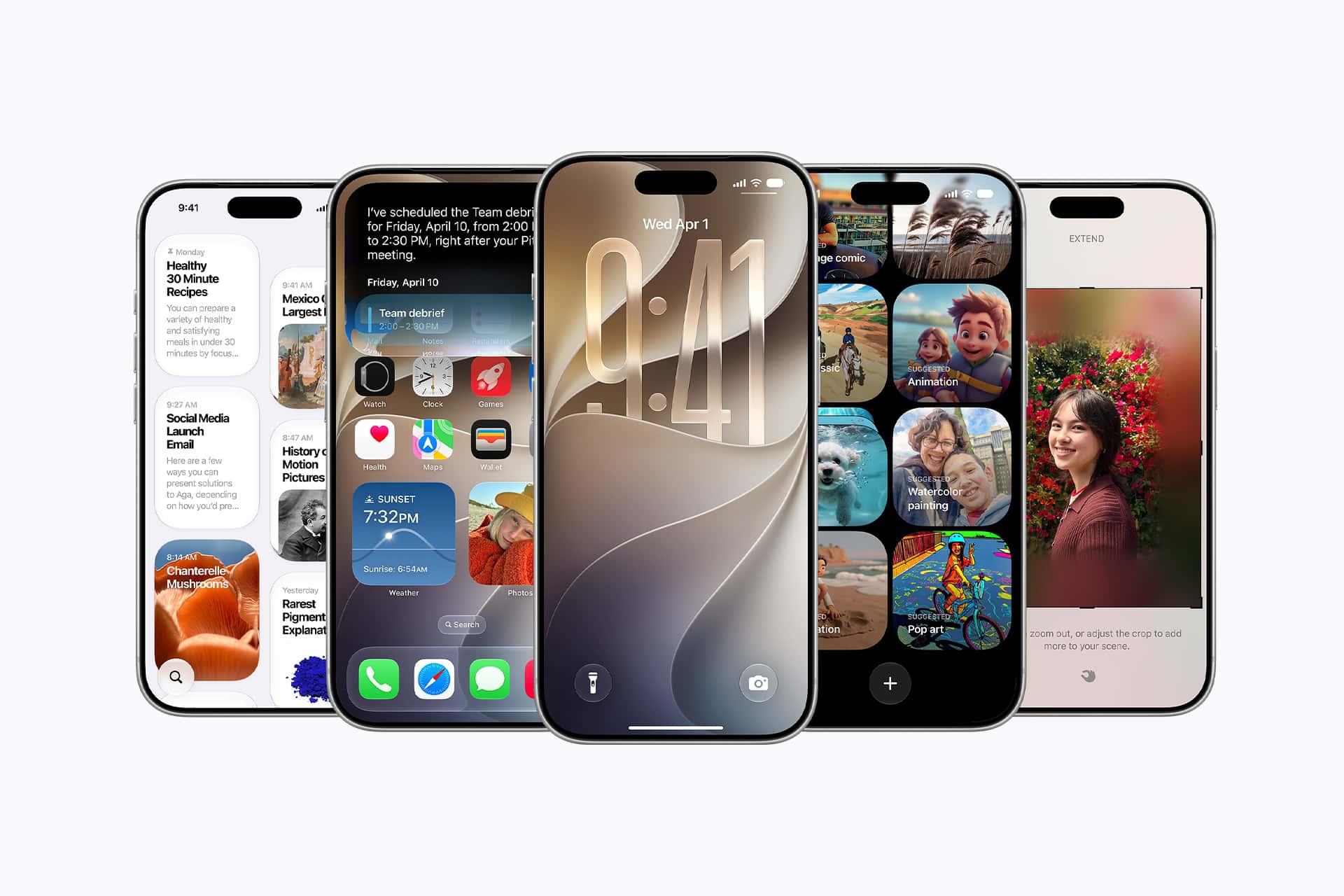 Five smartphones are displayed side by side, each showing different apps and features, including messaging, calendar, photos, and widgets on bright screens. The sleek designs hint at the enhancements seen in iOS 27 unveiled at WWDC26.