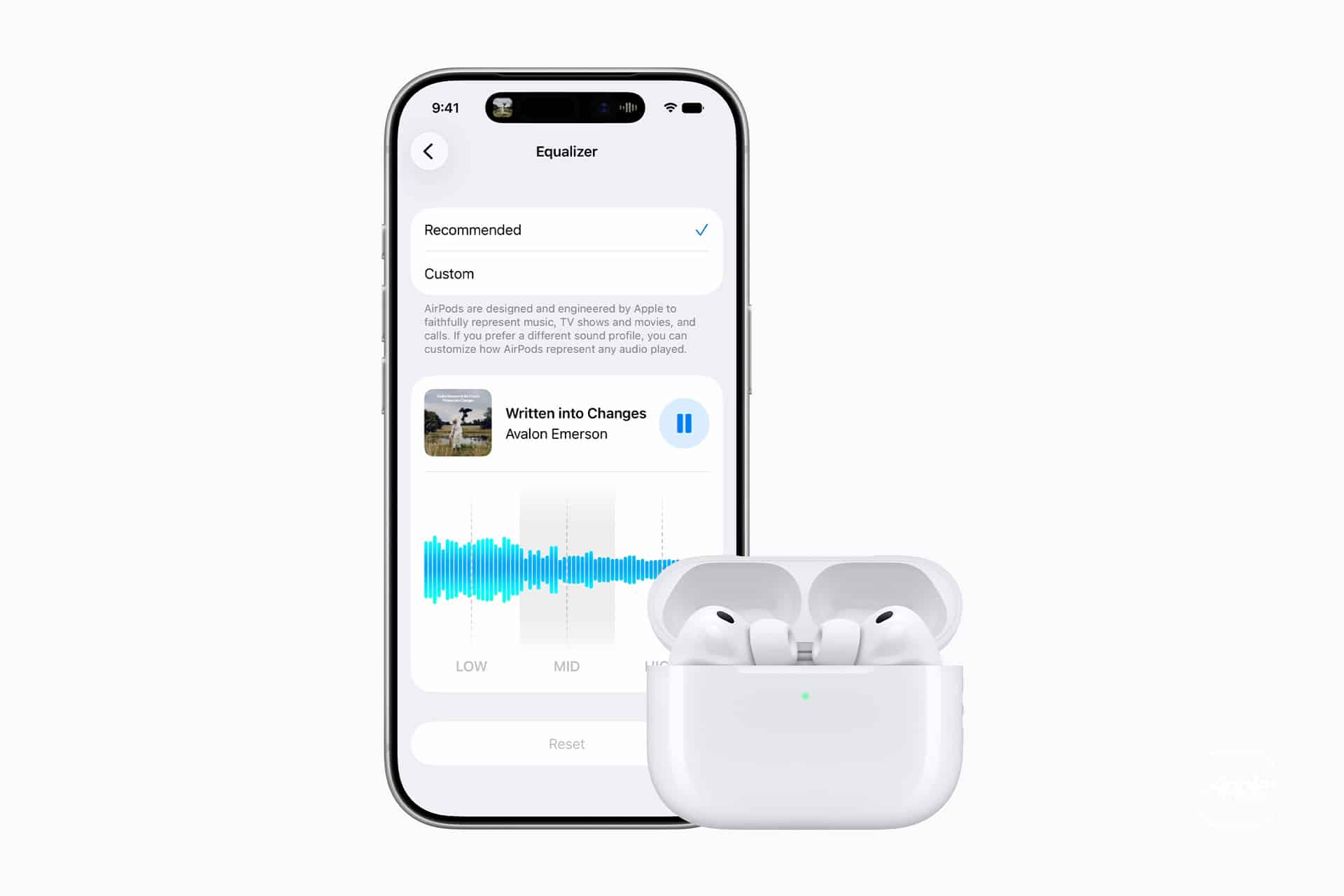 An iPhone displays an audio equalizer screen with a song playing, next to an open white case containing AirPods wireless earbuds, all set against a plain white background.
