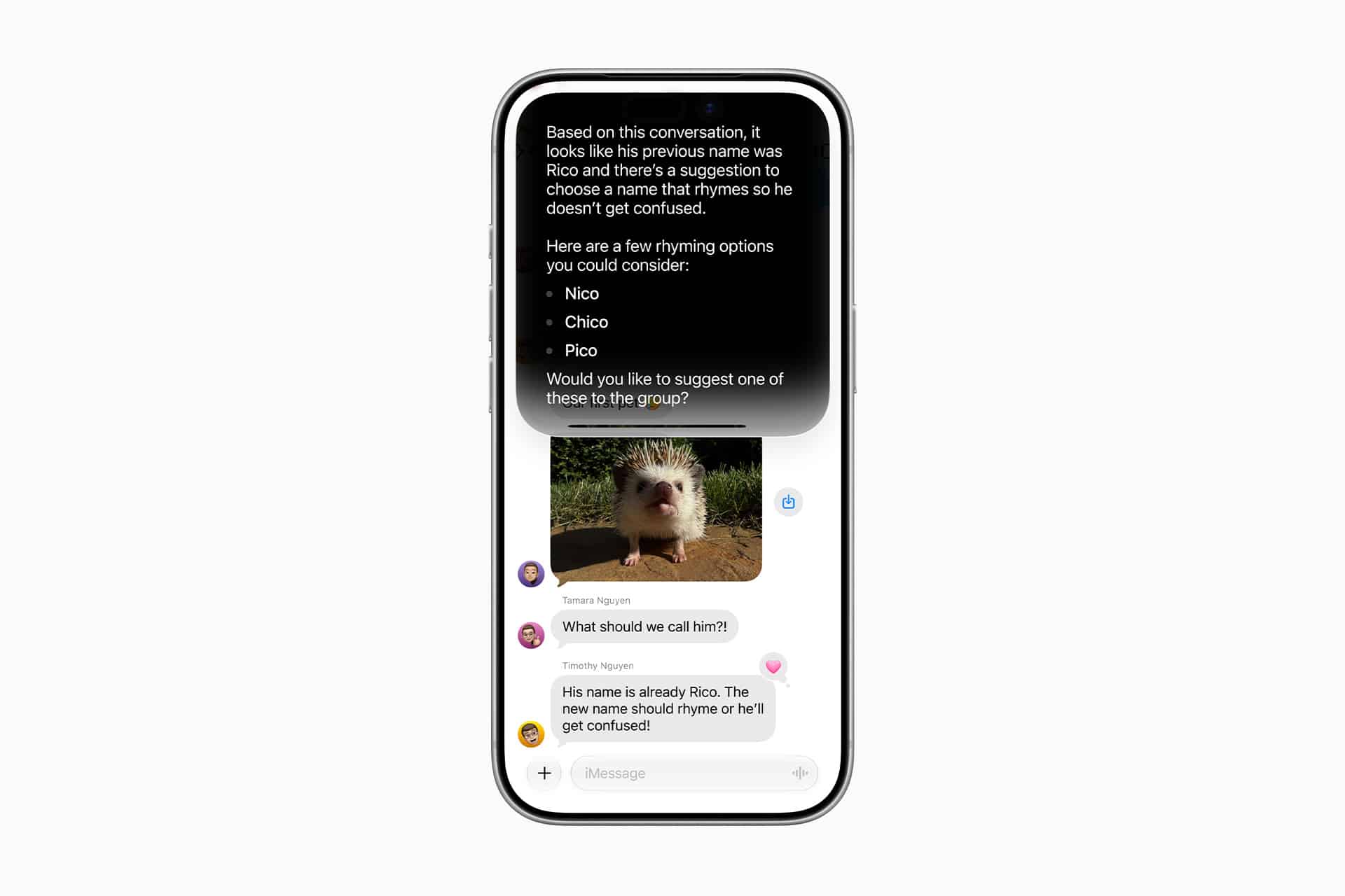 A smartphone screen shows an iMessage chat in Apple Messages about naming a pet, featuring a hedgehog photo. An AI suggestion bubble offers rhyming names—Nico, Chico, and Pico—based on the iOS 27 Messages chat context.