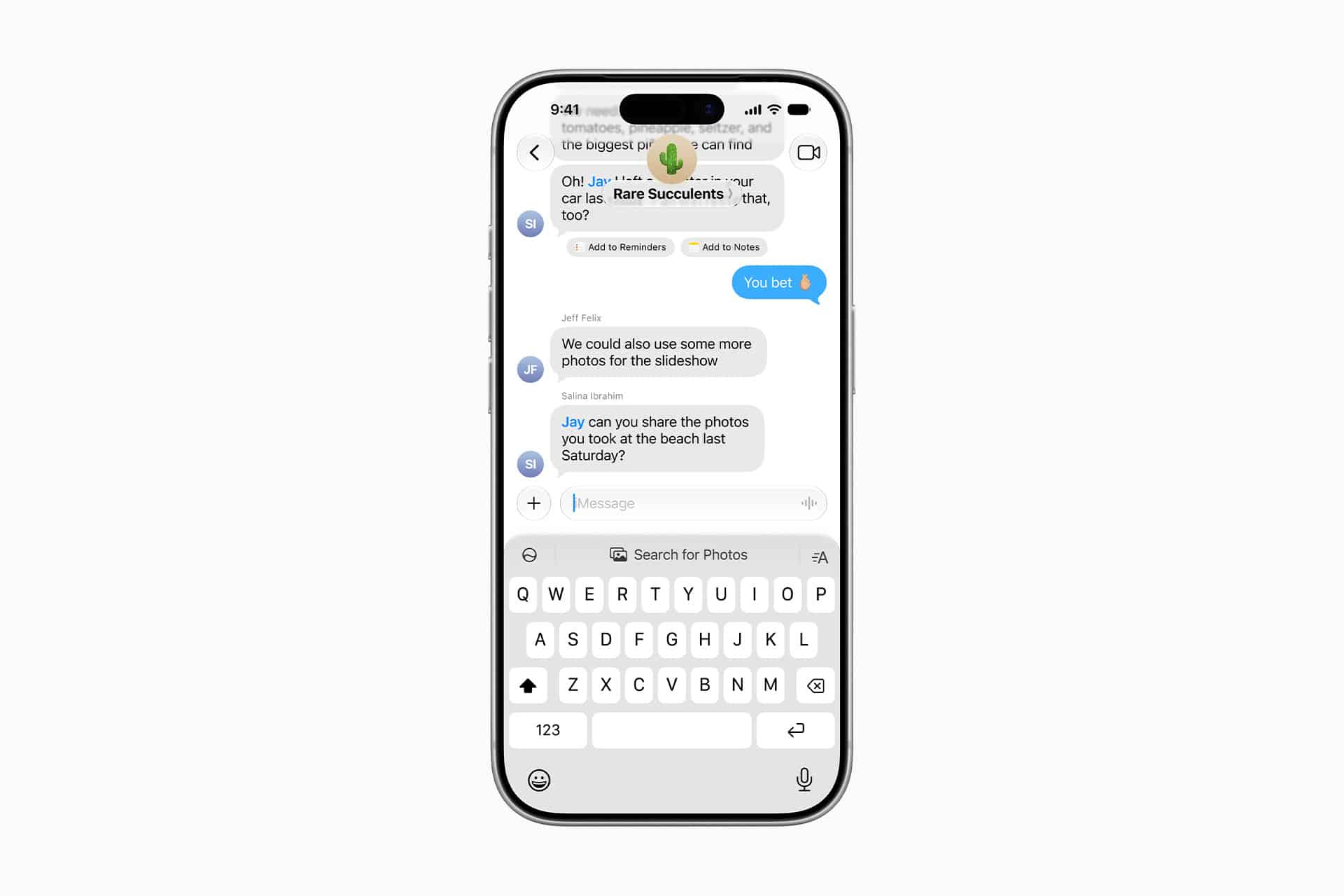 An iPhone displays an Apple Messages group chat discussing sharing photos for a slideshow, with emoji reactions, a visible keyboard, and hints of new Apple Intelligence features showcased at WWDC26.
