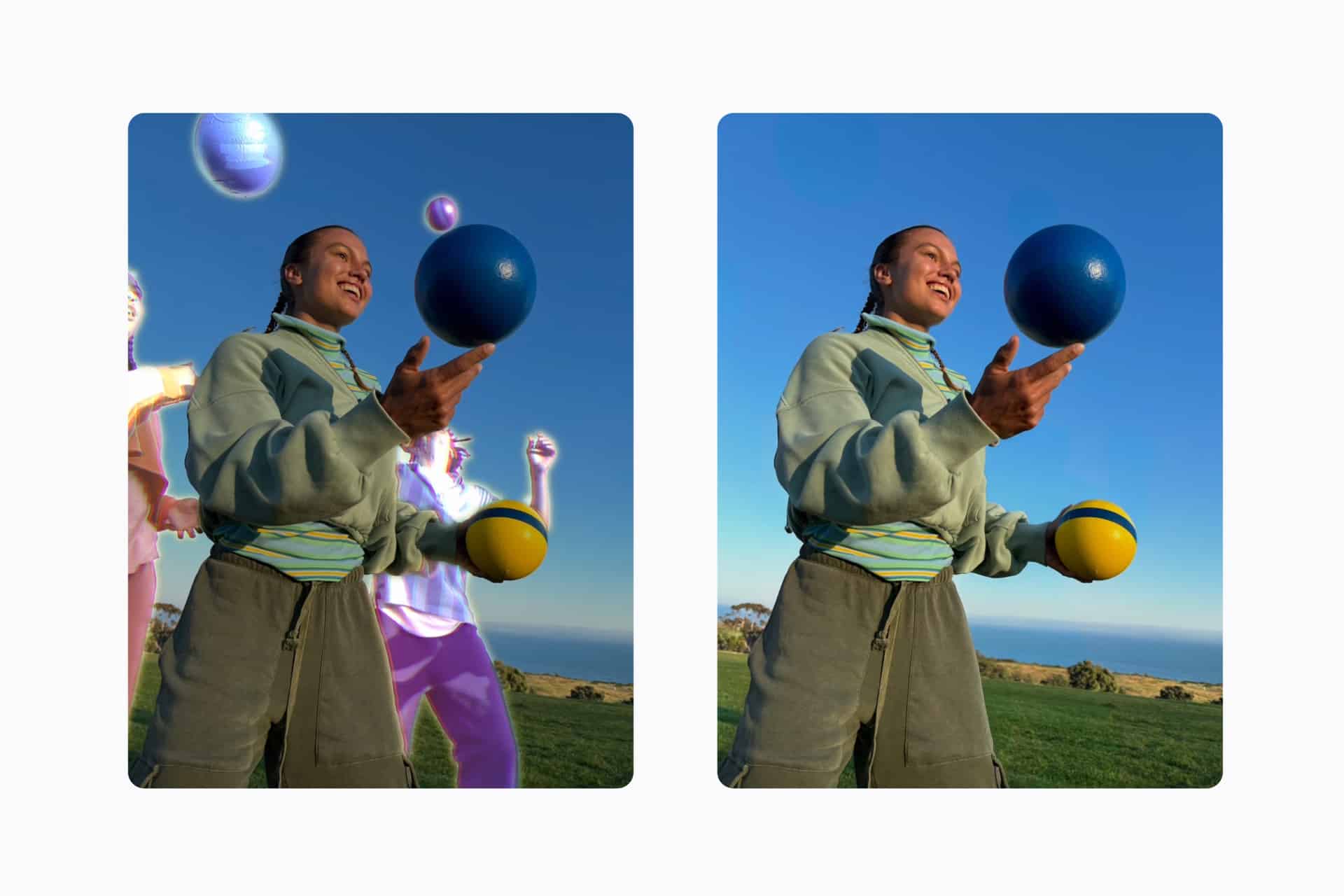 Two side-by-side photos of a person juggling balls outdoors. Using the Photos app’s new iOS 27 AI photo editing, extra people and glowing effects in the left image vanish in the right, leaving only the juggler against a blue sky and grassy landscape.