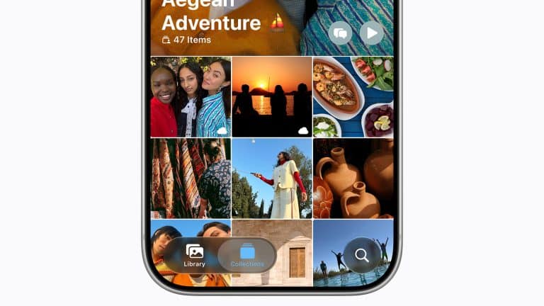 A smartphone screen displays a photo album titled "Aegean Adventure" in the Photos app, with 47 items. A grid of colorful thumbnails—enhanced by iOS 27 AI photo editing—shows people smiling, sunsets, food, pottery, and scenic outdoor views.