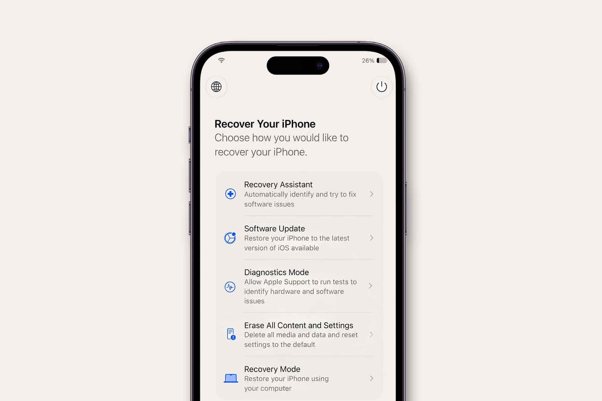 A smartphone screen displays the “Recover Your iPhone” menu with options like Recovery Assistant, Software Update, Diagnostics Mode, Erase All Content and Settings, and iOS 27 recovery mode on a white background.