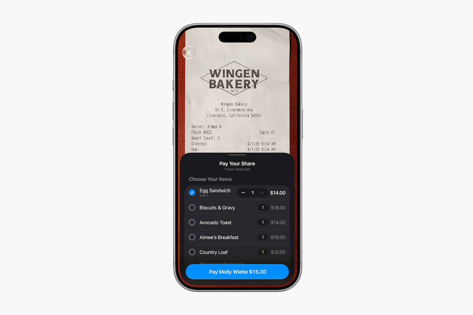A smartphone screen displays a digital receipt from Wingen Bakery and a bill splitting interface, featuring item selections and a “Pay Molly Wiebe $15.30” button—plus options for Apple Wallet or sending funds with Apple Cash.