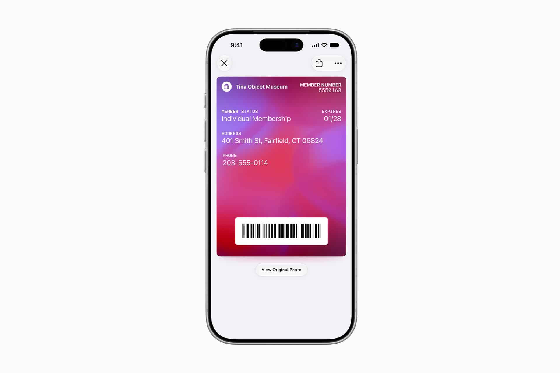 A smartphone displays a digital membership card for the Tiny Object Museum in iOS 27 Apple Wallet, showing member details, address, phone number, barcode, and a "View Original Pass" button beneath the card.