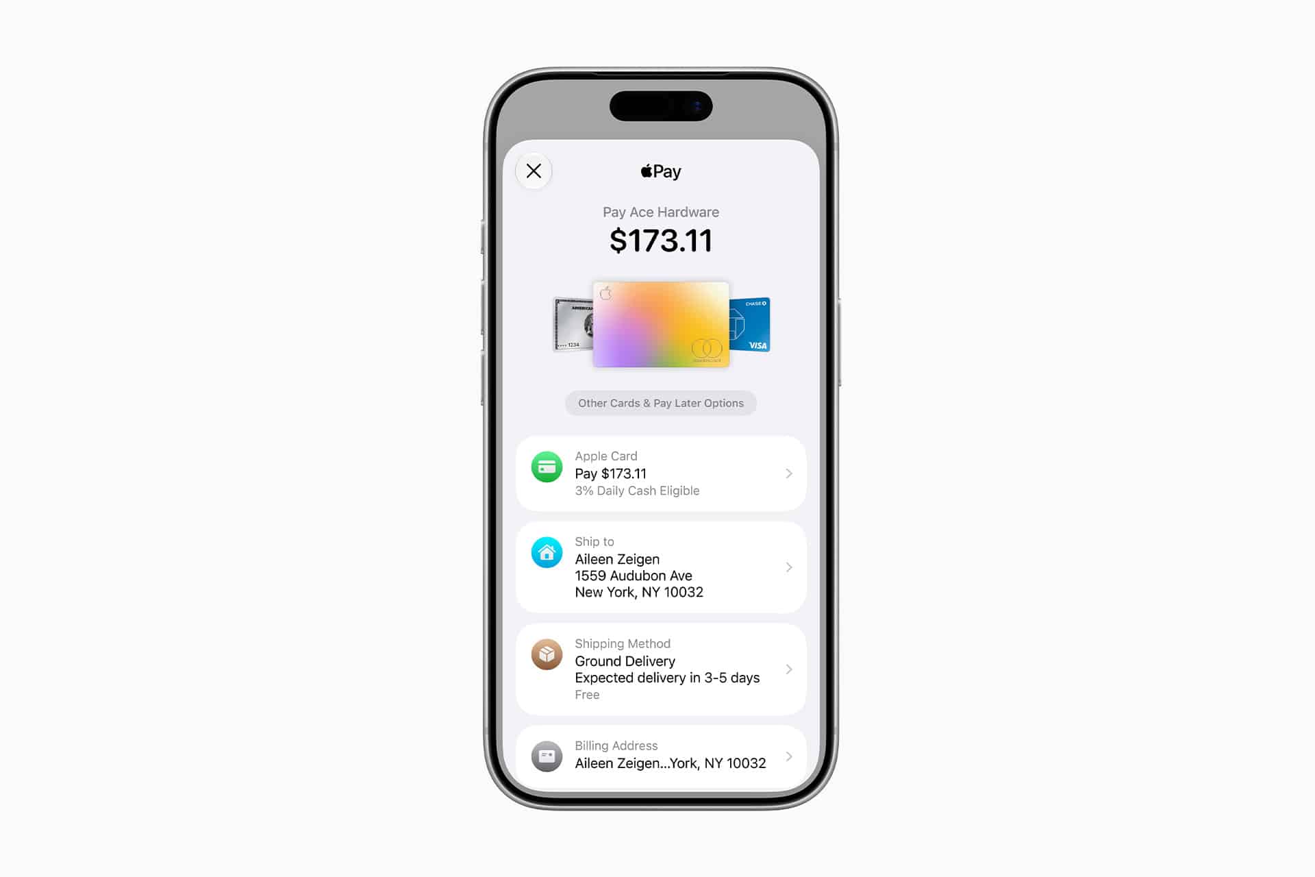 An iPhone displaying an Apple Pay checkout screen for a $173.11 purchase using Apple Wallet, showing payment options, shipping address, shipping method, and billing address details on a white background.
