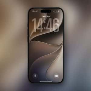 A modern smartphone displaying the lock screen with the time "14:46" and date "Tue 9 Jun." The background showcases abstract, swirling shapes in neutral colors, inspired by WWDC26 wallpapers. The Apple logo appears in the bottom right corner.