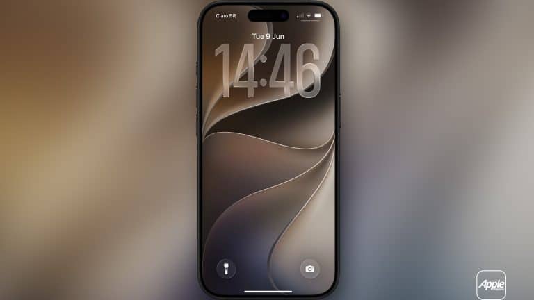 A modern smartphone displaying the lock screen with the time "14:46" and date "Tue 9 Jun." The background showcases abstract, swirling shapes in neutral colors, inspired by WWDC26 wallpapers. The Apple logo appears in the bottom right corner.