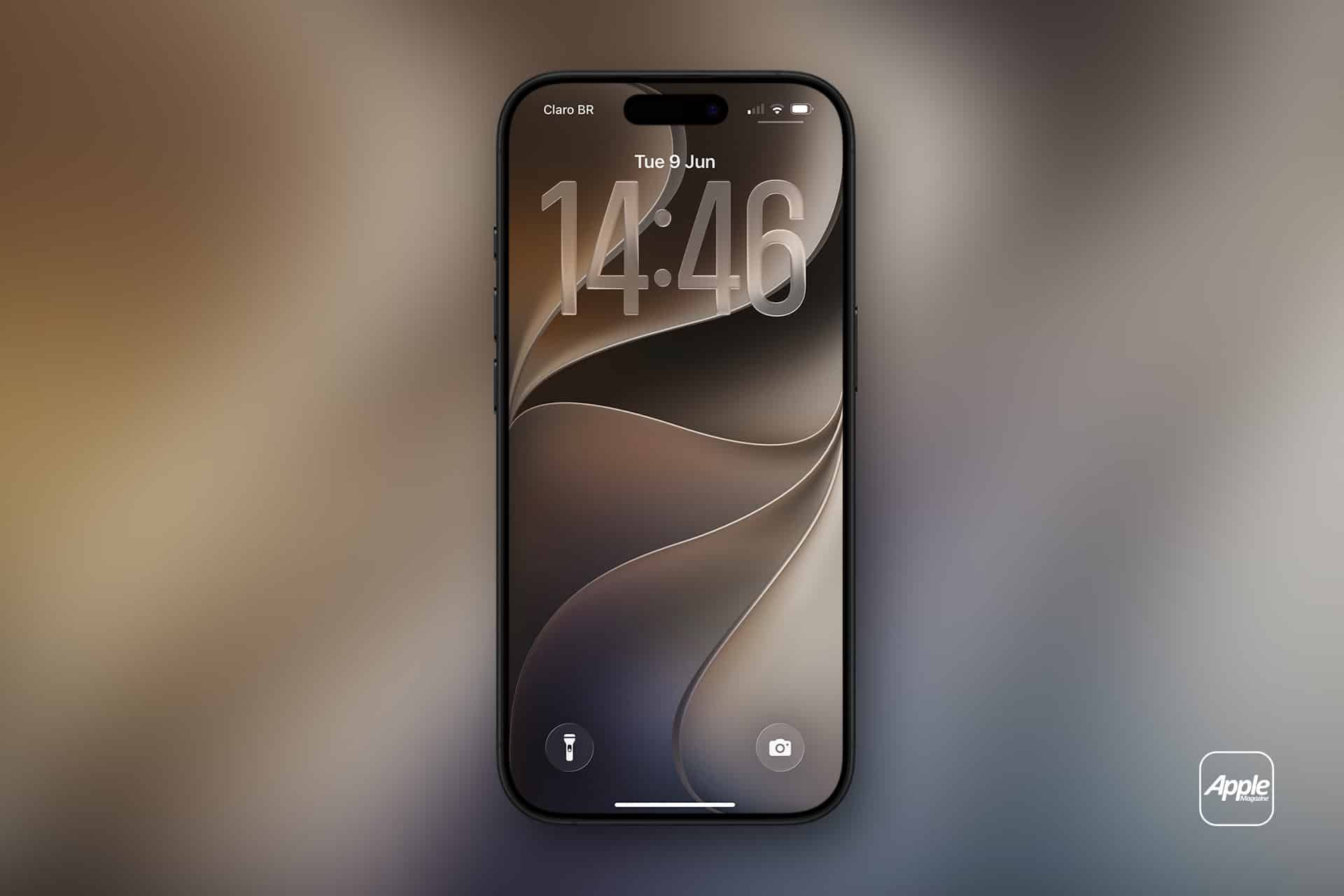 A modern smartphone displaying the lock screen with the time "14:46" and date "Tue 9 Jun." The background showcases abstract, swirling shapes in neutral colors, inspired by WWDC26 wallpapers. The Apple logo appears in the bottom right corner.