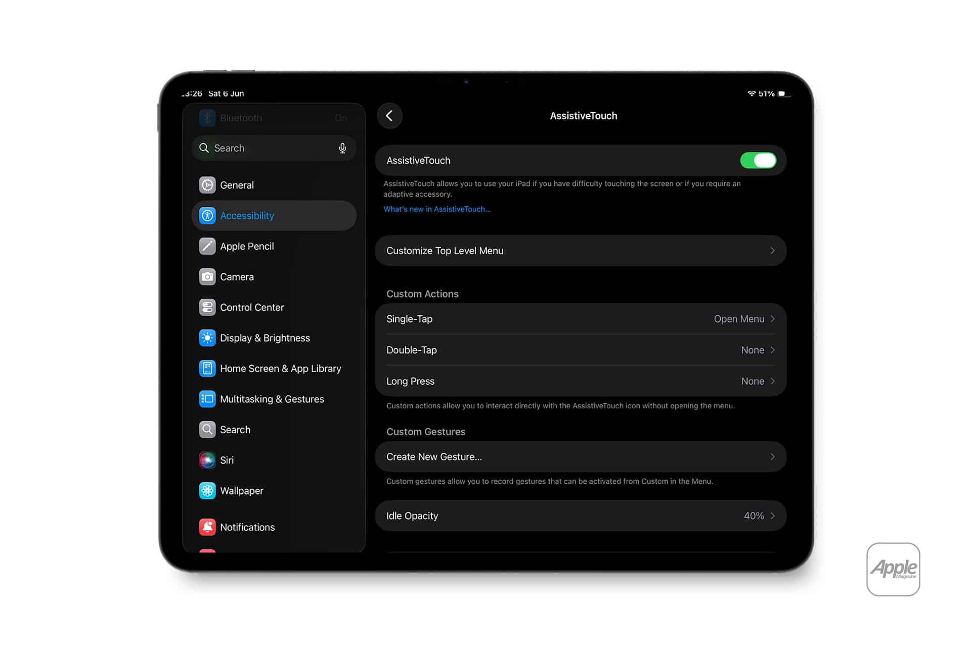 An iPad screen displays the Accessibility settings menu with iPad AssistiveTouch options enabled, showing customization choices for the top-level menu and gesture settings.