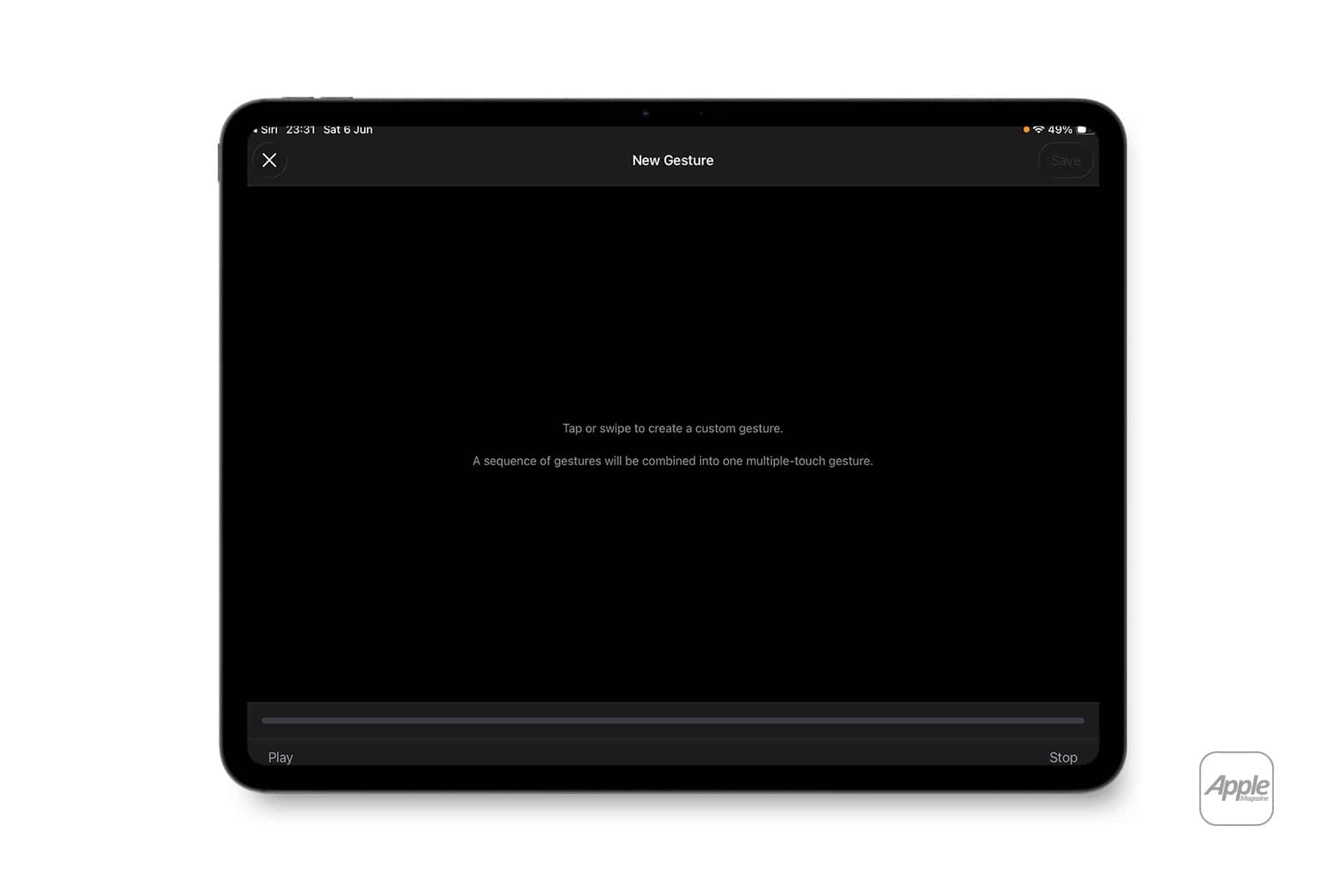An iPad screen displays the "New Gesture" interface in iPad AssistiveTouch, prompting users to tap or swipe to create a custom gesture. The mostly black screen features save, play, and stop options, with the Apple logo in the bottom right corner.