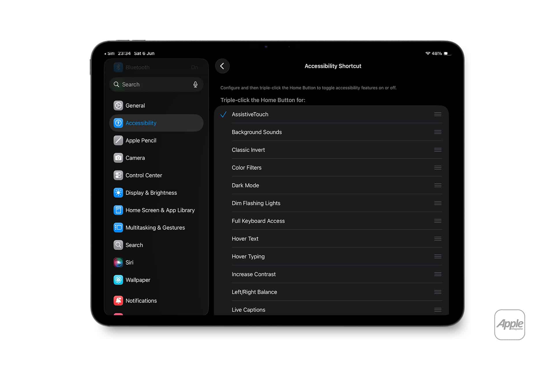 An iPad screen displays the Accessibility Shortcut settings menu with options like iPad AssistiveTouch, Background Sounds, Classic Invert, and more. The left sidebar shows various settings categories, and the Apple logo appears in the bottom right corner.