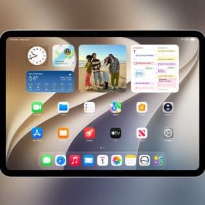 A tablet running iPadOS 27 displays a home screen with widgets for weather, photos, and calendar, plus neatly arranged app icons on a stylish abstract background—showcasing features unveiled at WWDC26.