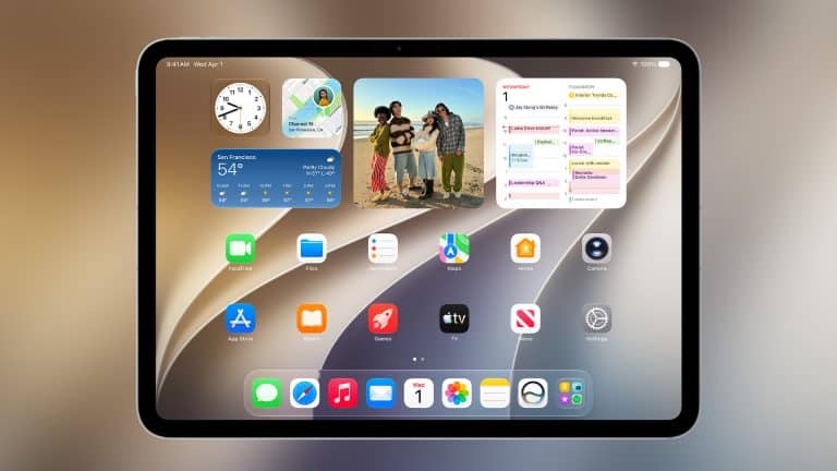 A tablet running iPadOS 27 displays a home screen with widgets for weather, photos, and calendar, plus neatly arranged app icons on a stylish abstract background—showcasing features unveiled at WWDC26.
