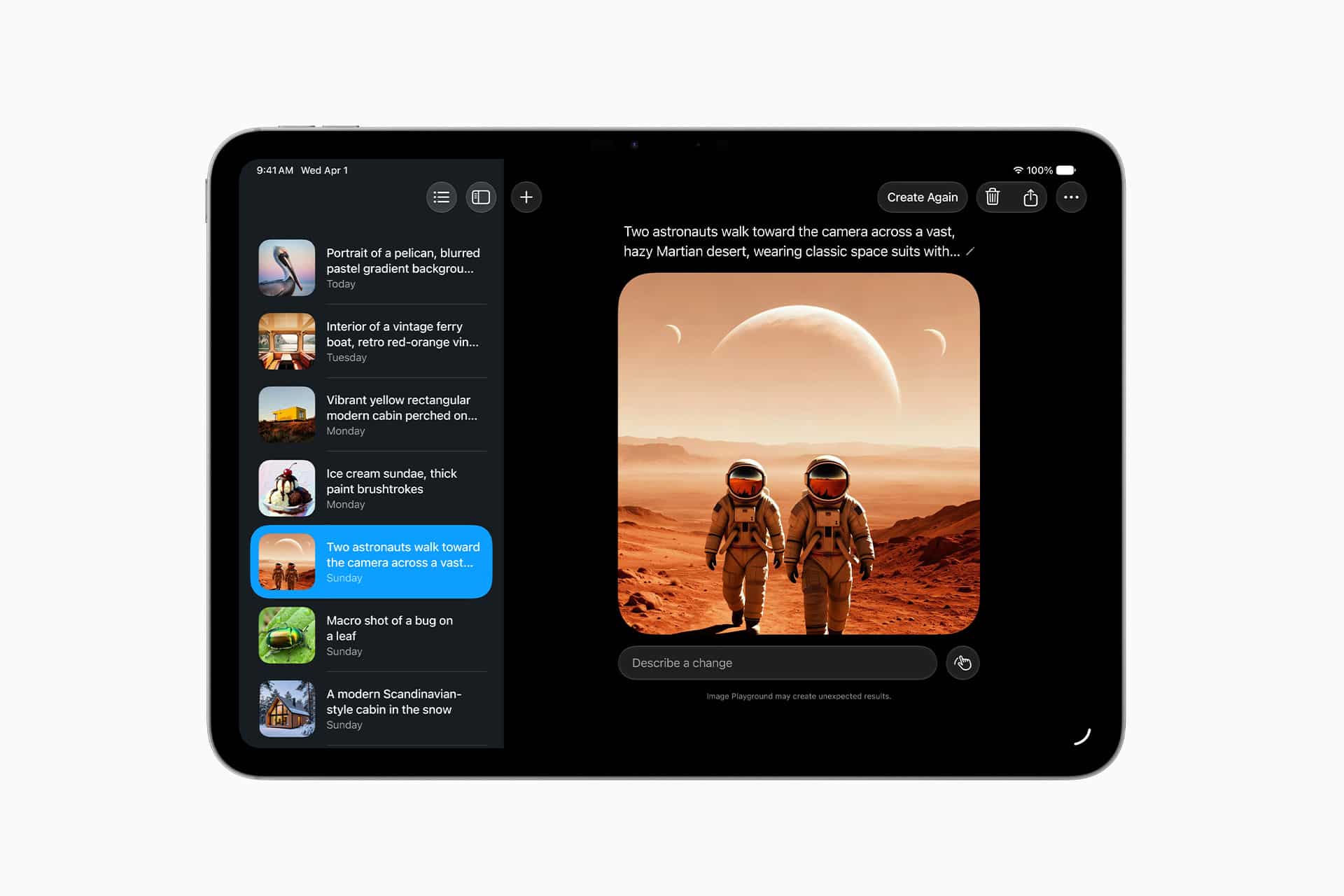 An iPad screen displays an AI image generation app, boosting iPad productivity. On the right, two astronauts walk on a red, Mars-like desert with rocky hills and a distant planet. On the left, prompts and generated images appear—perfect for WWDC26 inspiration.