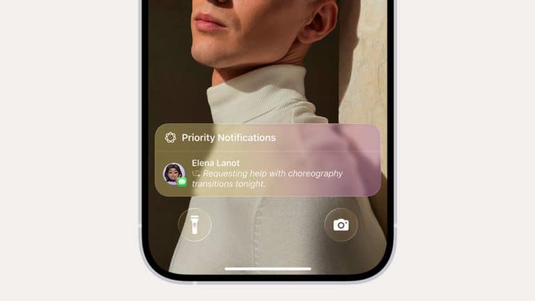 An iPhone Focus notification overlay appears on a smartphone screen, displaying a message from Elena Lanot: "Requesting help with choreography transitions tonight." The background shows a person in a white turtleneck.