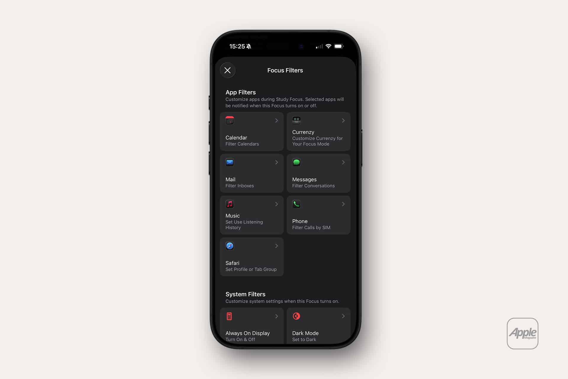 IPhone displaying the Focus Filters settings screen in dark mode, showing iPhone Focus filter options for Calendar, Mail, Messages, Music, Phone, Safari, Always On Display, and Dark Mode, with the Apple logo at the bottom right.