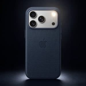 A dark blue Apple iPhone with three camera lenses and a textured case is shown upright against a dark background, spotlight illuminating the upper part. The Apple logo is visible, highlighting its LED flash alerts for iPhone calls.