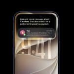 A smartphone with a Liquid Glass finish displays a message notification from "Aga" about a Calathea, the patterned tropical houseplant. The lock screen shows 9:41 and features a beige abstract background, hinting at wwdc26 inspiration.