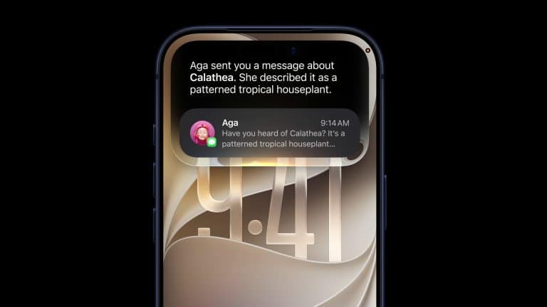 A smartphone with a Liquid Glass finish displays a message notification from "Aga" about a Calathea, the patterned tropical houseplant. The lock screen shows 9:41 and features a beige abstract background, hinting at wwdc26 inspiration.