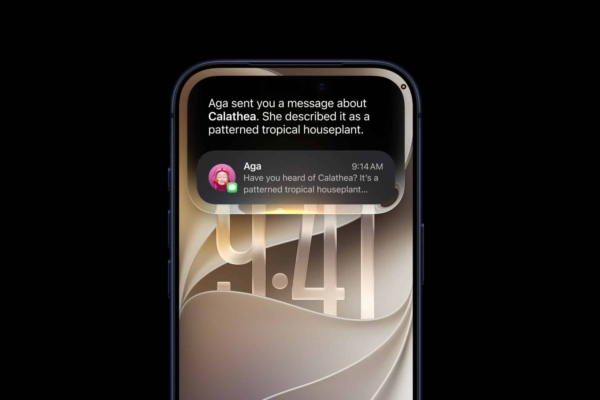 A smartphone with a Liquid Glass finish displays a message notification from "Aga" about a Calathea, the patterned tropical houseplant. The lock screen shows 9:41 and features a beige abstract background, hinting at wwdc26 inspiration.