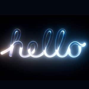 The word "hello" is written in a glowing, cursive neon light style on a dark background, with gradations of white, blue, and subtle yellow highlights illuminating the text—evoking the sleek, Liquid Glass aesthetic seen at WWDC26.