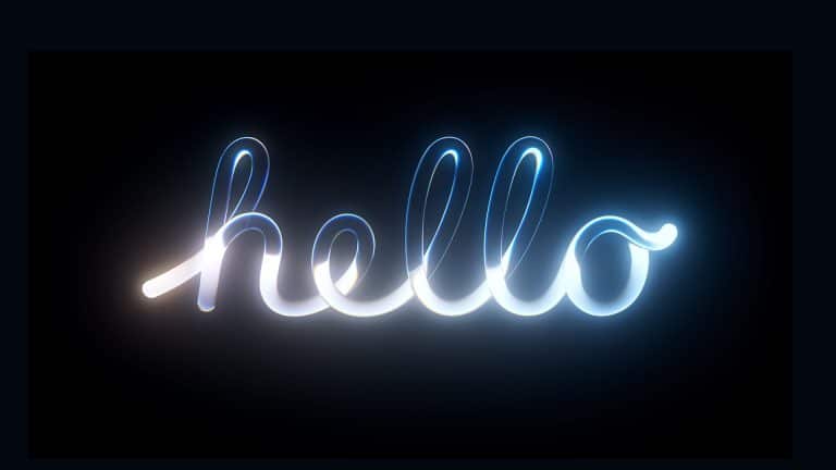 The word "hello" is written in a glowing, cursive neon light style on a dark background, with gradations of white, blue, and subtle yellow highlights illuminating the text—evoking the sleek, Liquid Glass aesthetic seen at WWDC26.