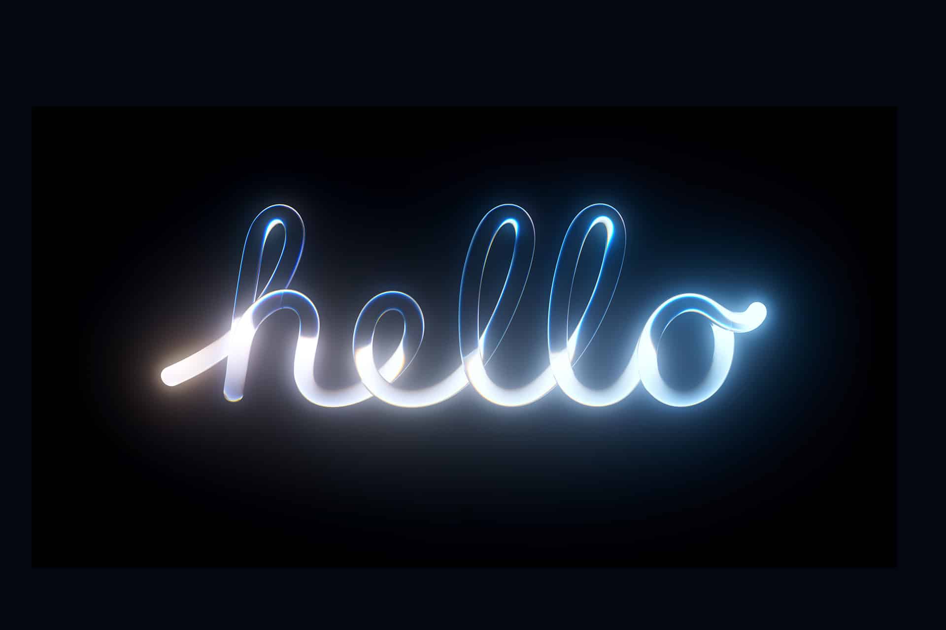 The word "hello" is written in a glowing, cursive neon light style on a dark background, with gradations of white, blue, and subtle yellow highlights illuminating the text—evoking the sleek, Liquid Glass aesthetic seen at WWDC26.