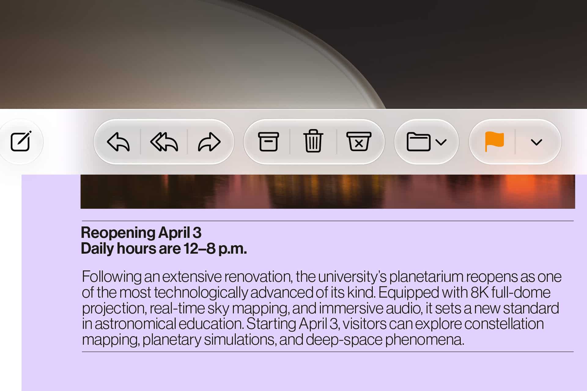 A digital interface on macOS 27 Golden Gate overlays a notice about a university planetarium reopening April 3, featuring 8K full-dome projection, daily hours from 12–8 p.m., and new immersive educational experiences.