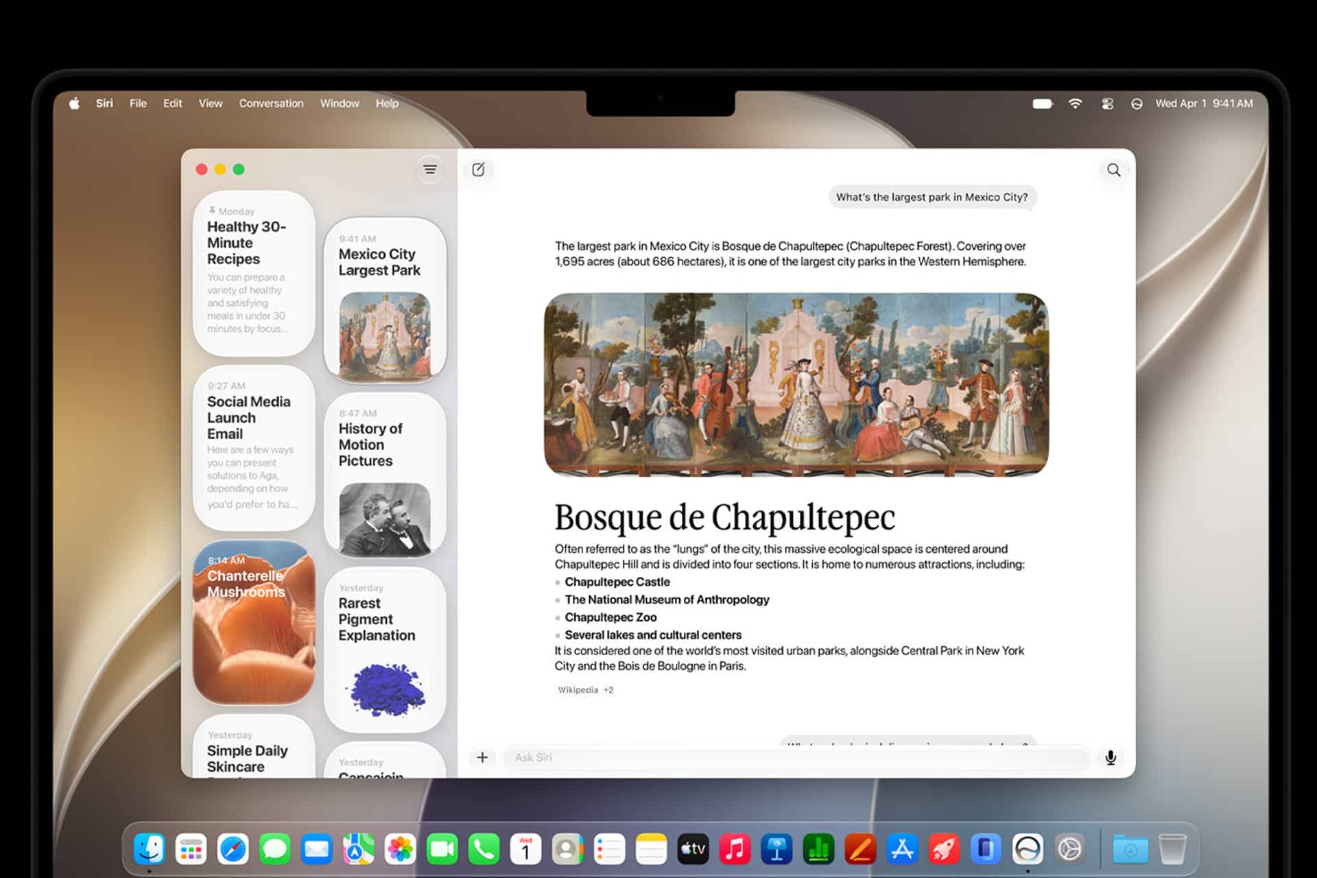 A tablet screen displays an article about Bosque de Chapultepec with a historical painting. On the left, a sidebar shows recipe and article suggestions. App icons, including macOS 27 Golden Gate, are visible along the bottom edge of the screen.