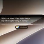 A digital interface on macOS 27 Golden Gate displays the text: "What are some other examples of superhydrophobicity in nature? – Ask Siri," with a "Show Results" button set against a smooth, abstract background in beige and gray tones.