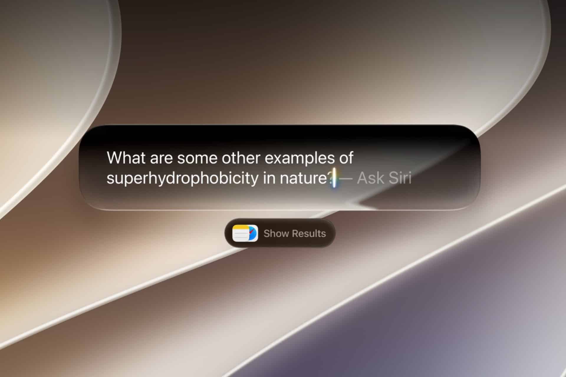 A digital interface on macOS 27 Golden Gate displays the text: "What are some other examples of superhydrophobicity in nature? – Ask Siri," with a "Show Results" button set against a smooth, abstract background in beige and gray tones.