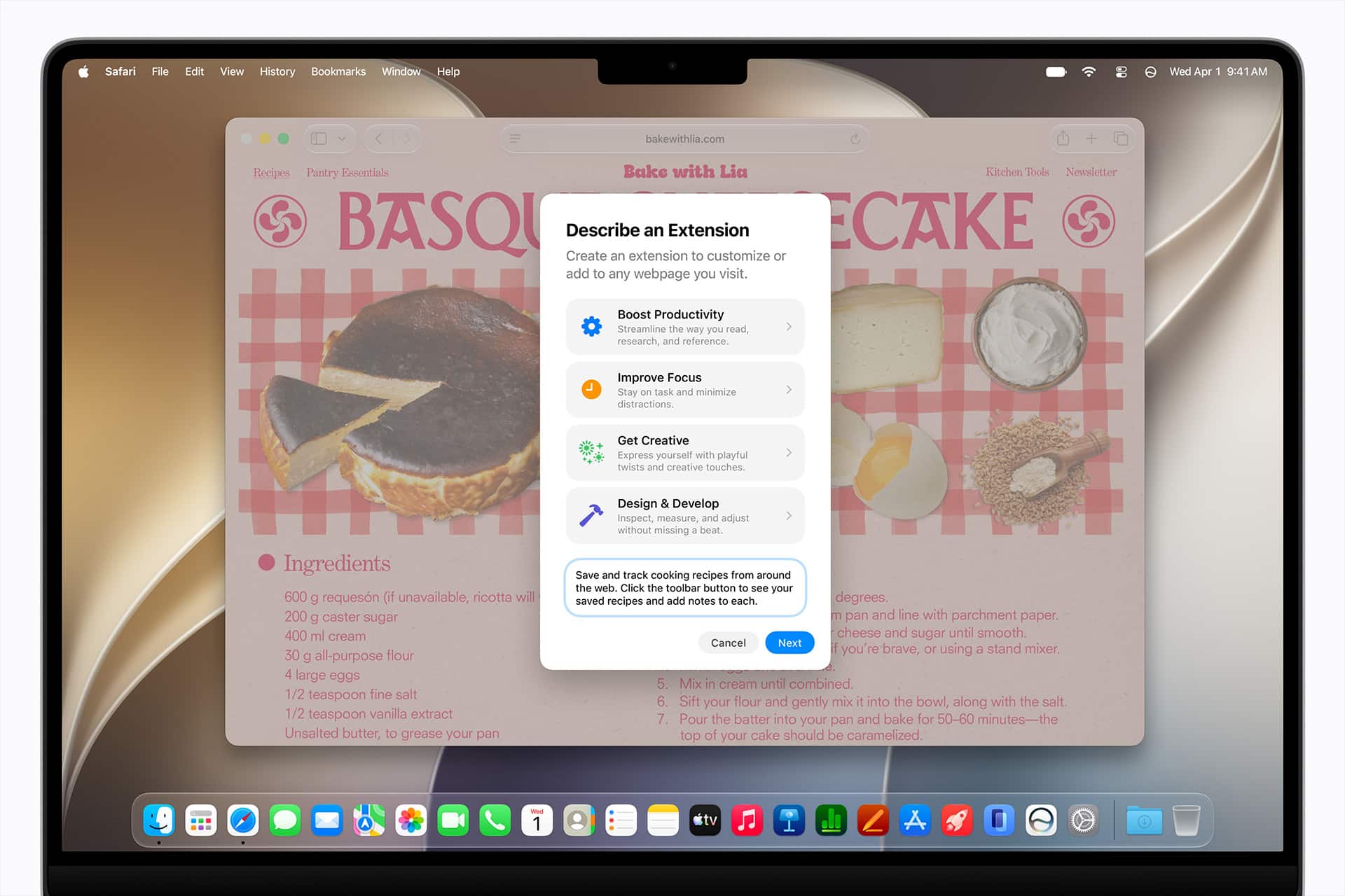 A macOS 27 Golden Gate laptop screen displays a browser window with a Basque cheesecake recipe. In the foreground, a pop-up prompts the user to describe a browser extension, offering several creative options.