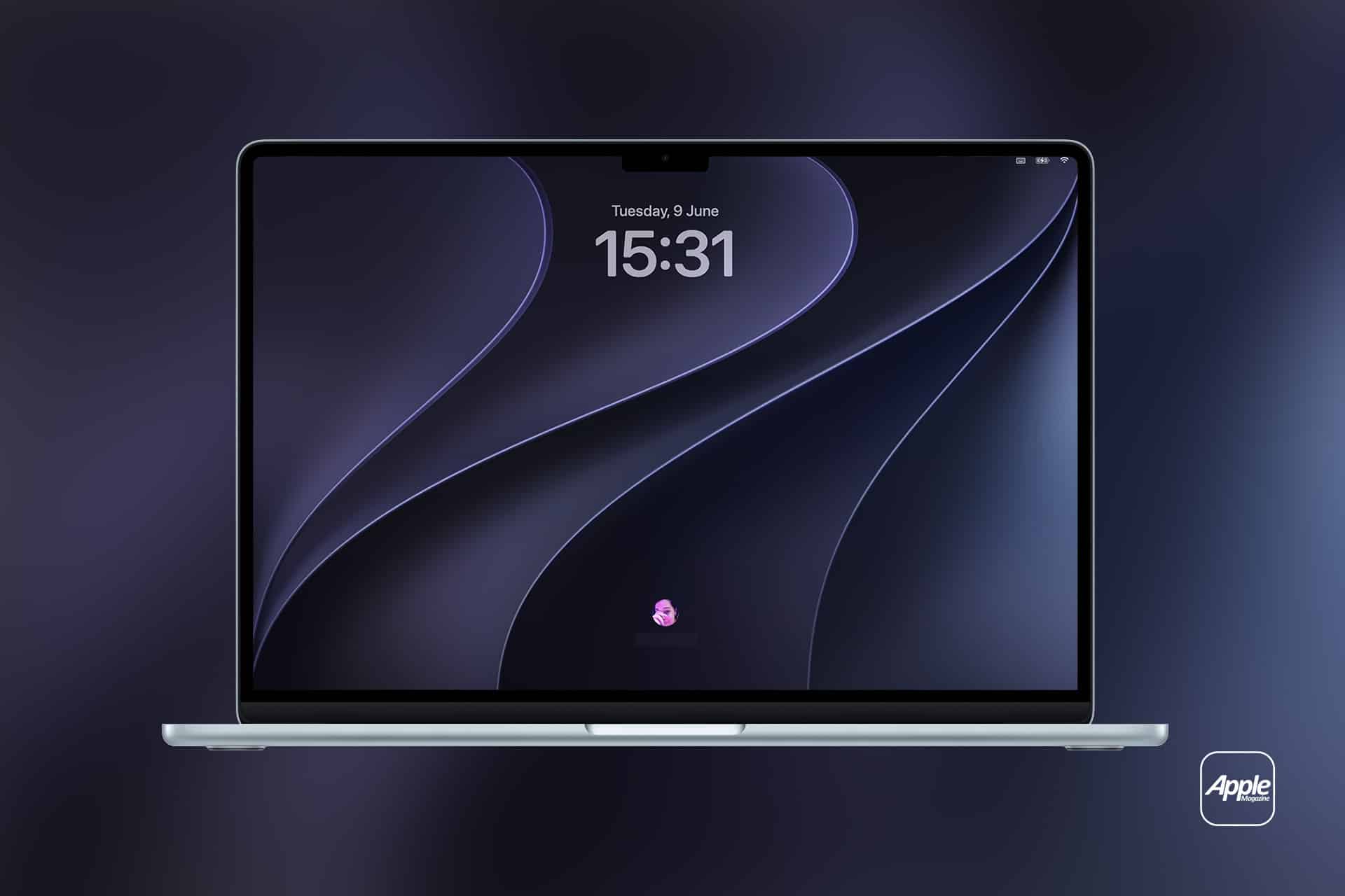 A silver Apple laptop with a dark abstract wallpaper on its screen, featuring the time 15:31 and date Tuesday, 9 June. The display showcases WWDC26 wallpapers on a blurred dark background, with an Apple logo in the bottom right corner.