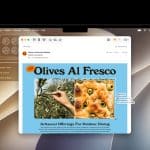 A computer screen displays an email with the subject "Olives Al Fresco," featuring a photo of olives on a branch and close-up focaccia bread, set against the sleek macOS 27 Liquid Glass interface with Mail app and widgets in the background.
