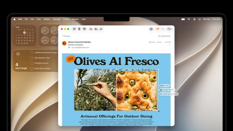A computer screen displays an email with the subject "Olives Al Fresco," featuring a photo of olives on a branch and close-up focaccia bread, set against the sleek macOS 27 Liquid Glass interface with Mail app and widgets in the background.