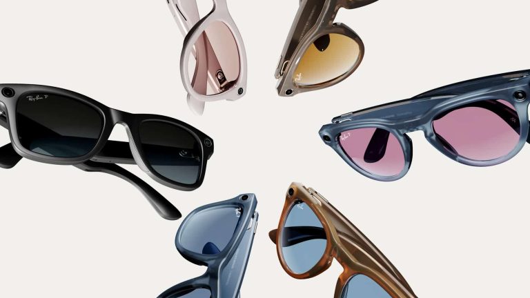 A variety of stylish sunglasses in different colors and lens tints, inspired by the sleek aesthetics of Vision Pro, are arranged in a circular pattern on a white background, with frames in black, blue, brown, pink, and translucent shades.