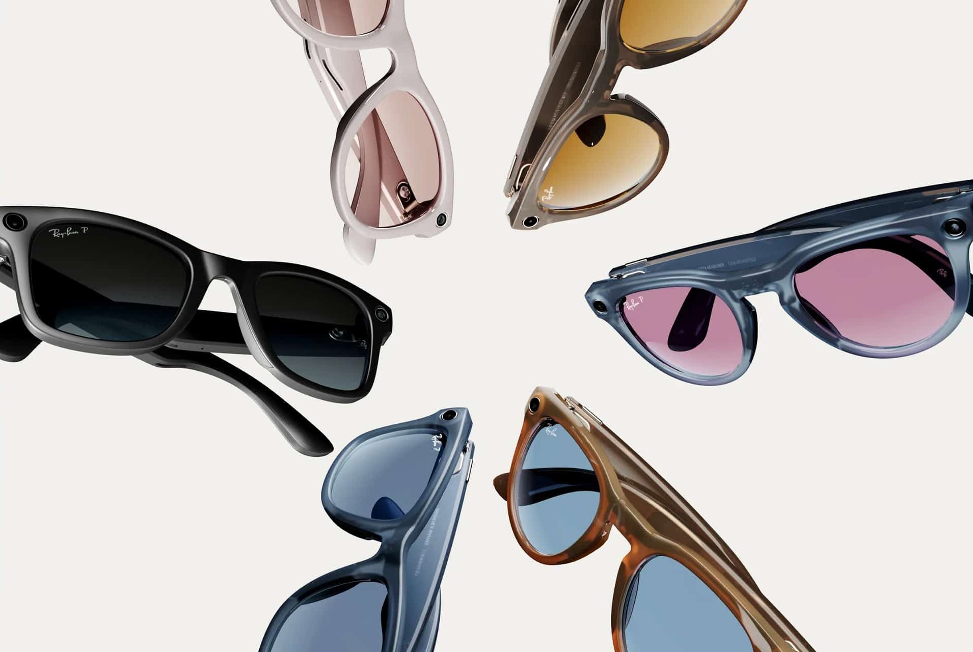 A variety of stylish sunglasses in different colors and lens tints, inspired by the sleek aesthetics of Vision Pro, are arranged in a circular pattern on a white background, with frames in black, blue, brown, pink, and translucent shades.