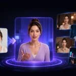 A woman in a lavender sweater is centered in a glowing digital frame, surrounded by five versions of herself—each crafted by AI avatar creators. A colorful “P” logo sits in the top left, set against a dark, tech-inspired background.