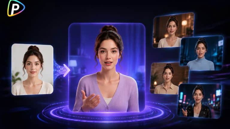 A woman in a lavender sweater is centered in a glowing digital frame, surrounded by five versions of herself—each crafted by AI avatar creators. A colorful “P” logo sits in the top left, set against a dark, tech-inspired background.