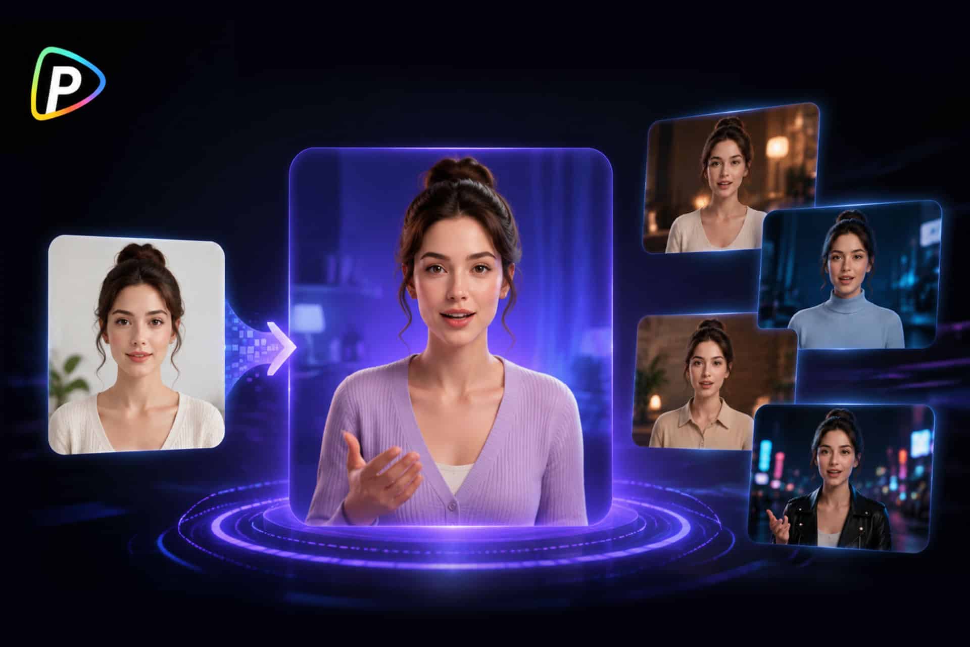 A woman in a lavender sweater is centered in a glowing digital frame, surrounded by five versions of herself—each crafted by AI avatar creators. A colorful “P” logo sits in the top left, set against a dark, tech-inspired background.