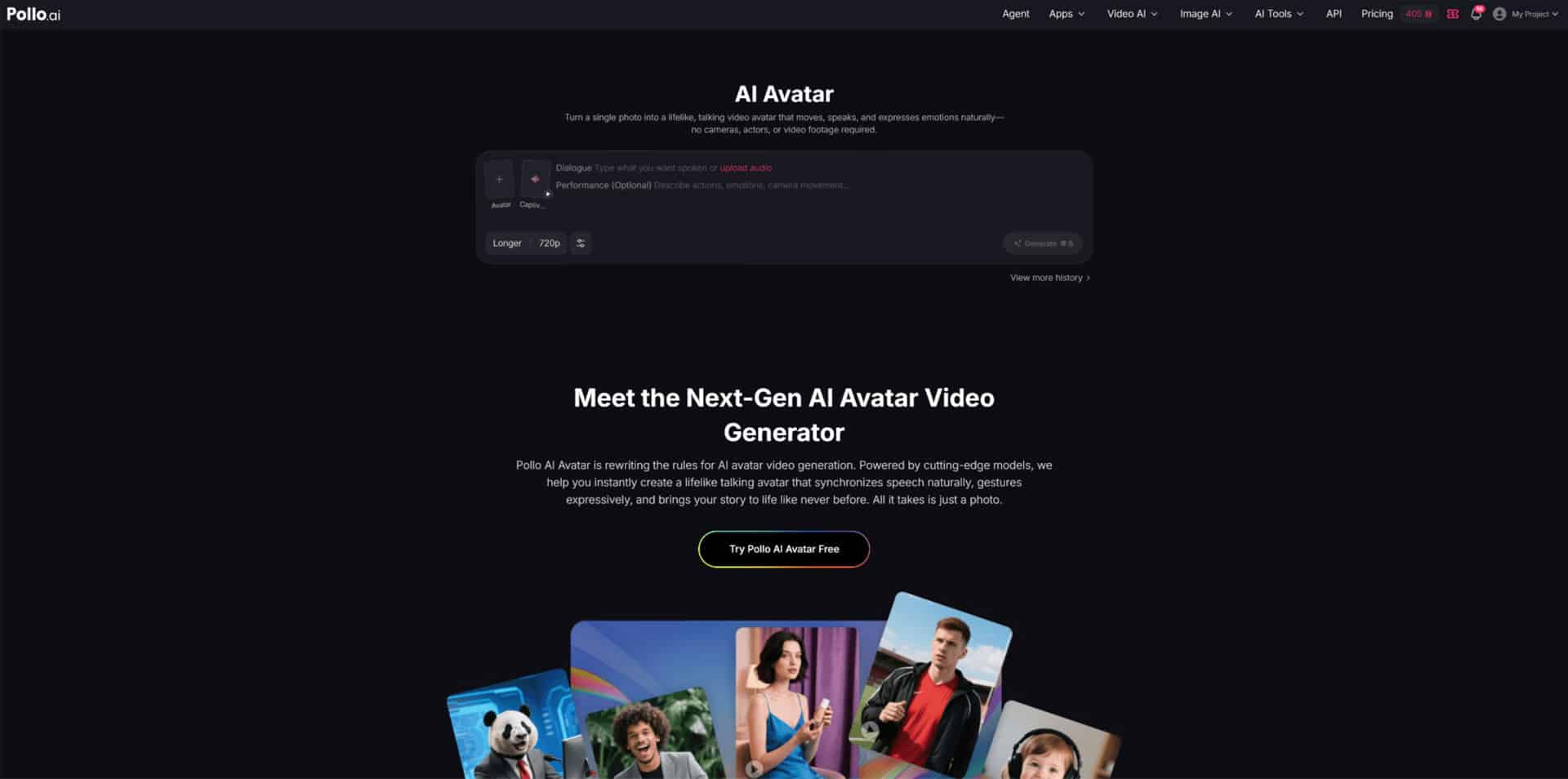 Screenshot of the Pollo.ai website featuring its Pollo AI Avatar tool. The page includes a demo section, a call to action button to try the avatar free, example avatars below, and a sleek dark background—perfect for creators seeking innovation.